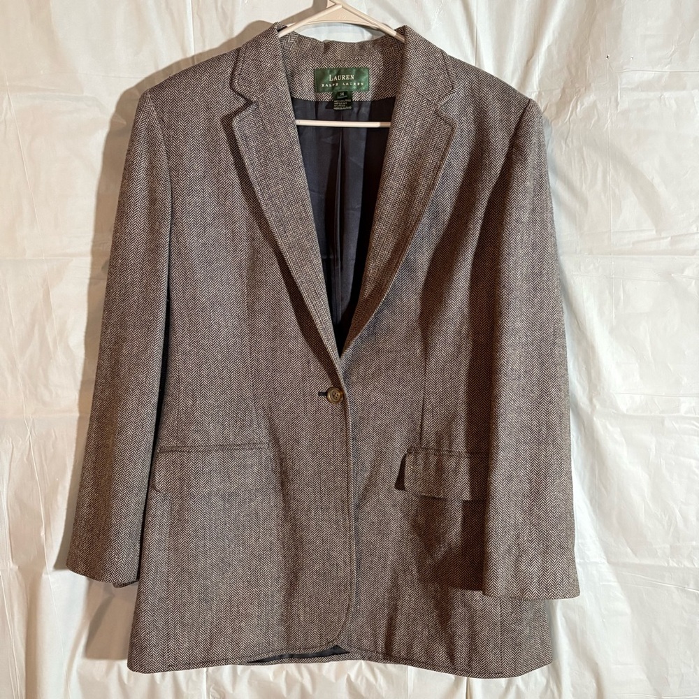 Lauren Ralph Lauren Womens Wool Silk Linen Herringbone Jacket Sz 14 Equestrian